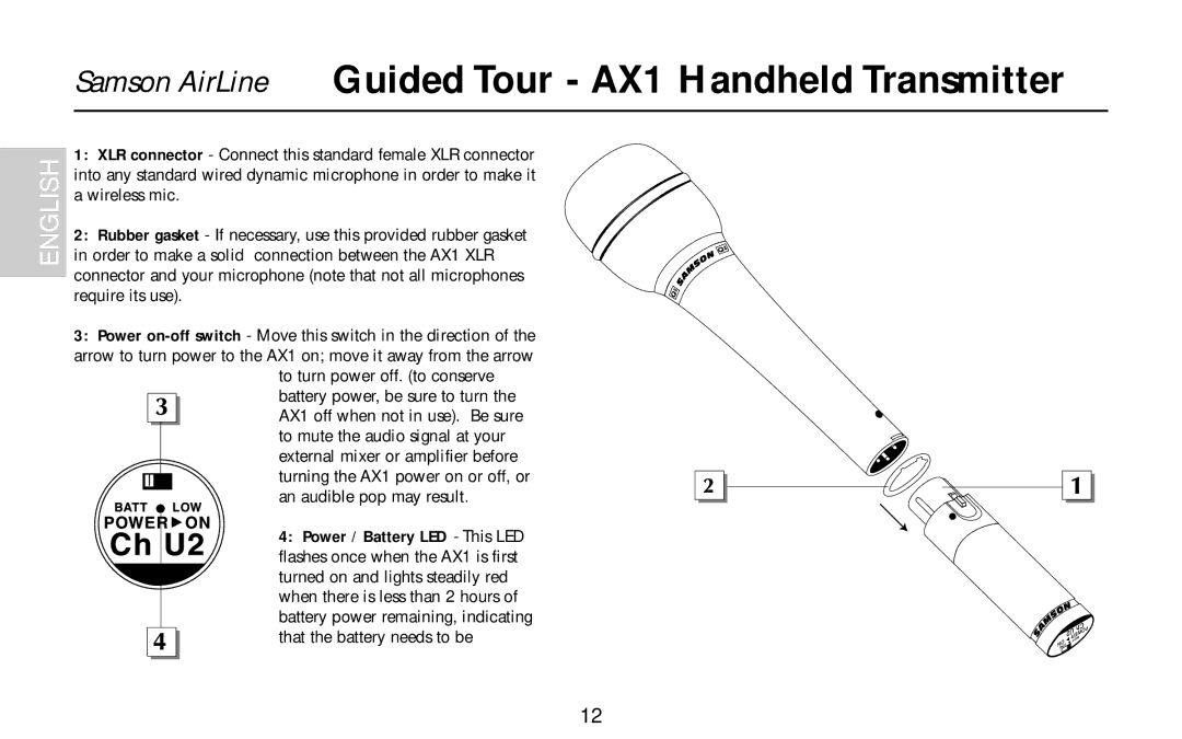 Samson UR1, UM1, AR1, AL1 owner manual Samson AirLine Guided Tour AX1 Handheld Transmitter 