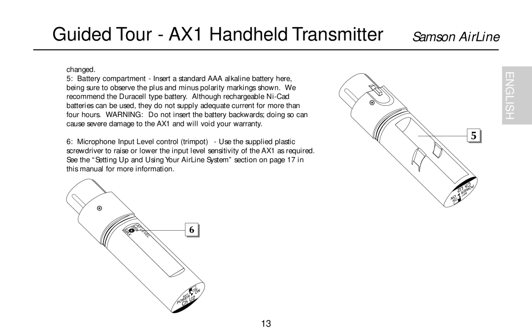 Samson UR1, UM1, AR1, AL1 owner manual Guided Tour AX1 Handheld Transmitter Samson AirLine 