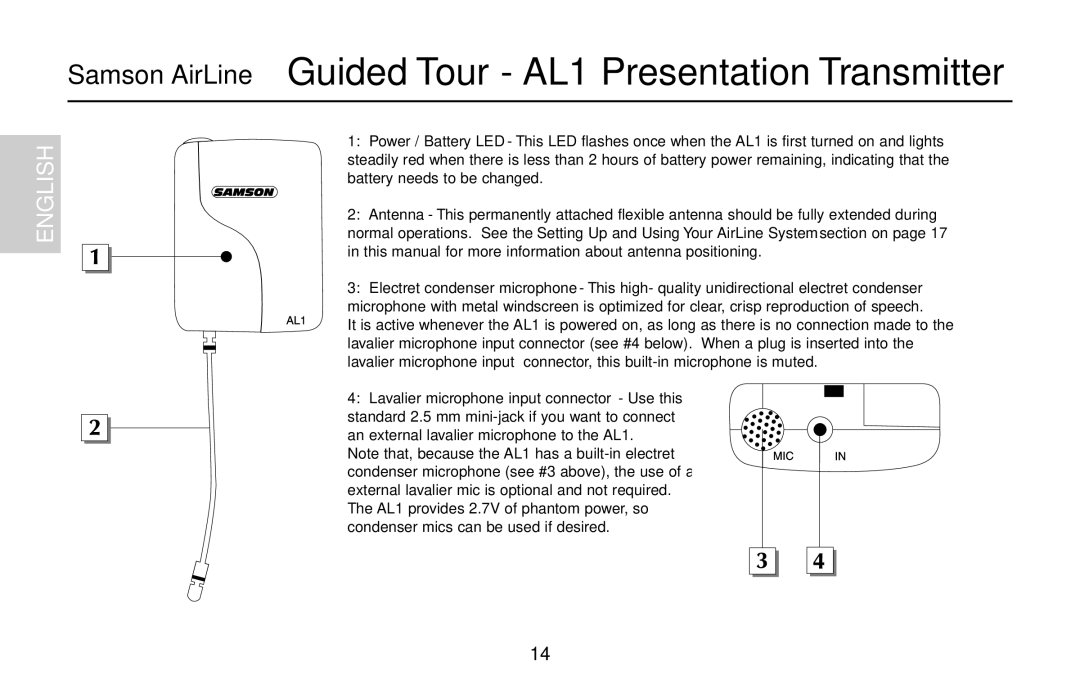 Samson UM1, UR1, AR1, AX1 owner manual Samson AirLine Guided Tour AL1 Presentation Transmitter 