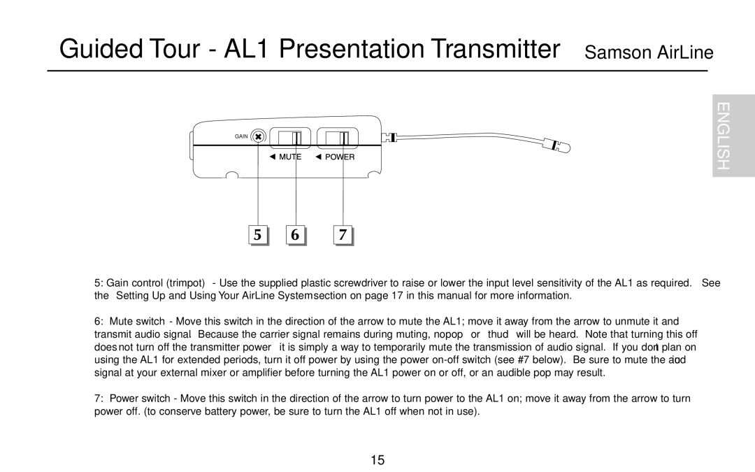 Samson AR1, UR1, UM1, AX1 owner manual Guided Tour AL1 Presentation Transmitter Samson AirLine 