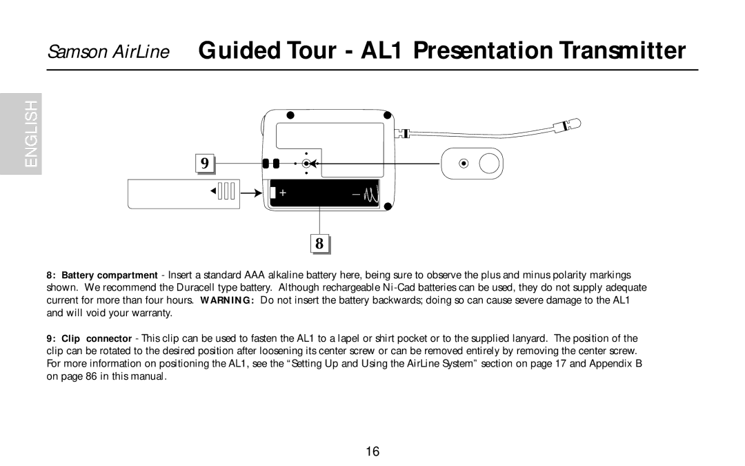 Samson UR1, UM1, AR1, AX1 owner manual Samson AirLine Guided Tour AL1 Presentation Transmitter 