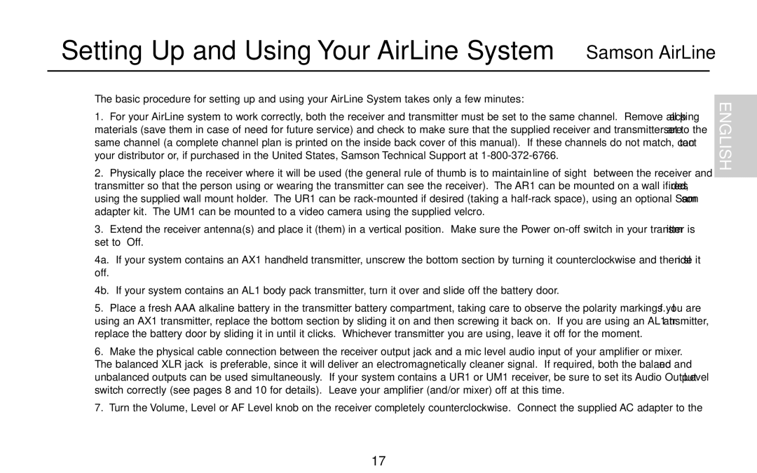 Samson AX1, UR1, UM1, AR1, AL1 owner manual Setting Up and Using Your AirLine System Samson AirLine 