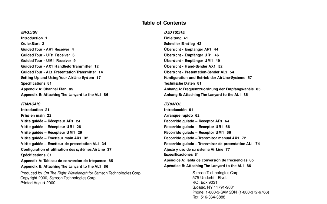 Samson AR1, UR1, UM1, AL1, AX1 owner manual Table of Contents 