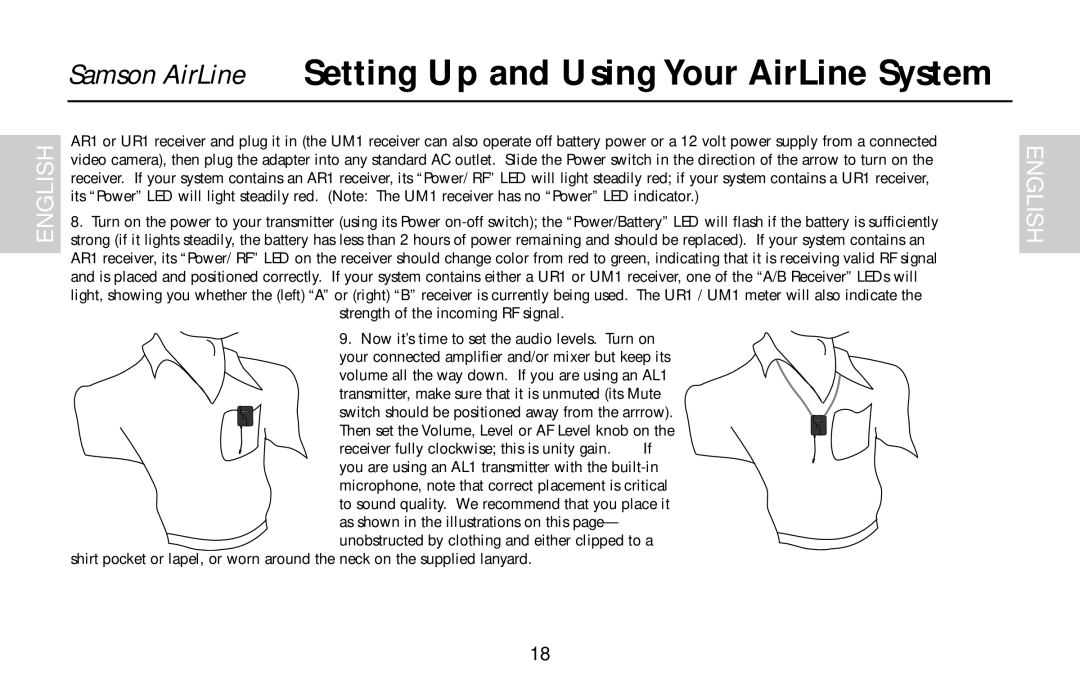 Samson UR1, UM1, AR1, AL1, AX1 owner manual Setting Up and Using Your AirLine System 