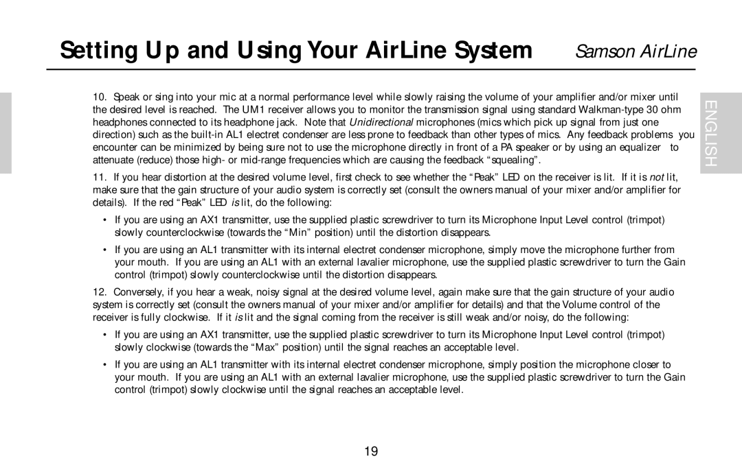 Samson UM1, UR1, AR1, AL1, AX1 owner manual Setting Up and Using Your AirLine System Samson AirLine 