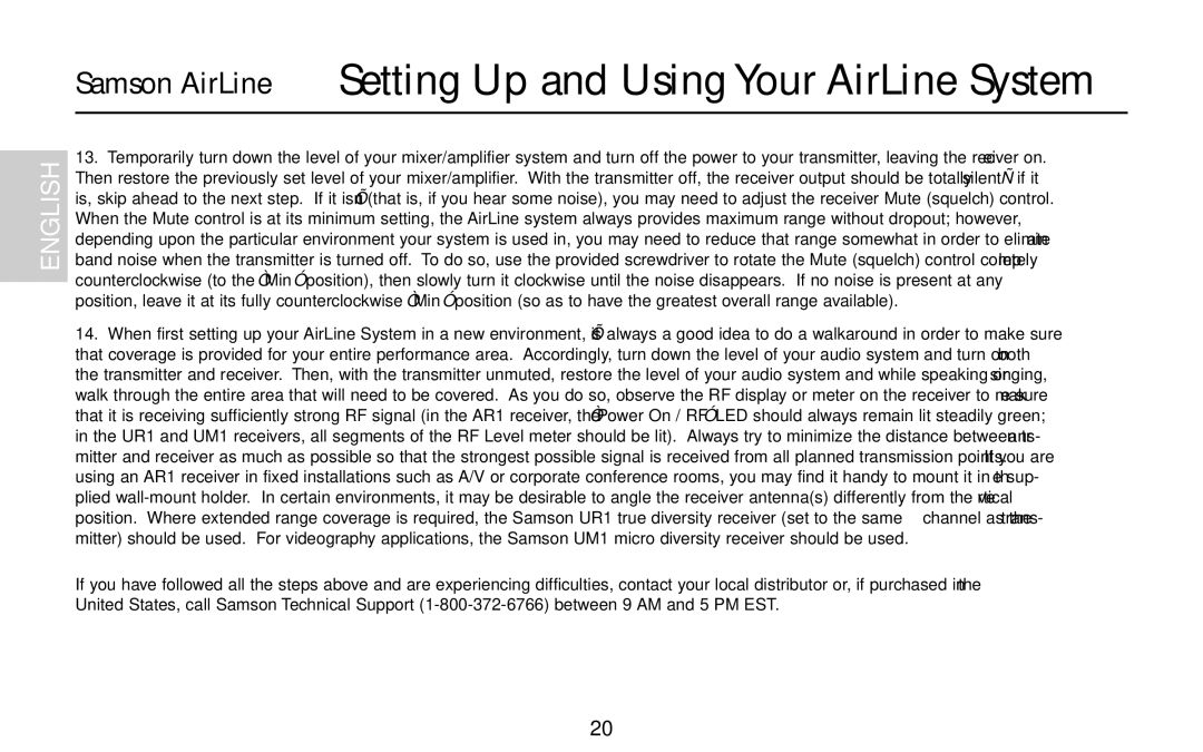 Samson AR1, UR1, UM1, AL1, AX1 owner manual Samson AirLine Setting Up and Using Your AirLine System 