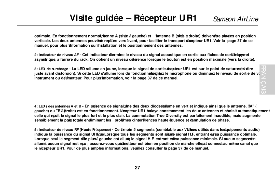 Samson AX1, UM1, AR1, AL1 owner manual Visite guidée Récepteur UR1 Samson AirLine 