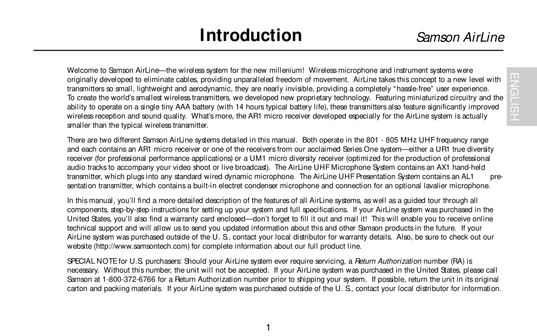 Samson AL1, UR1, UM1, AR1, AX1 owner manual Introduction, Samson AirLine 