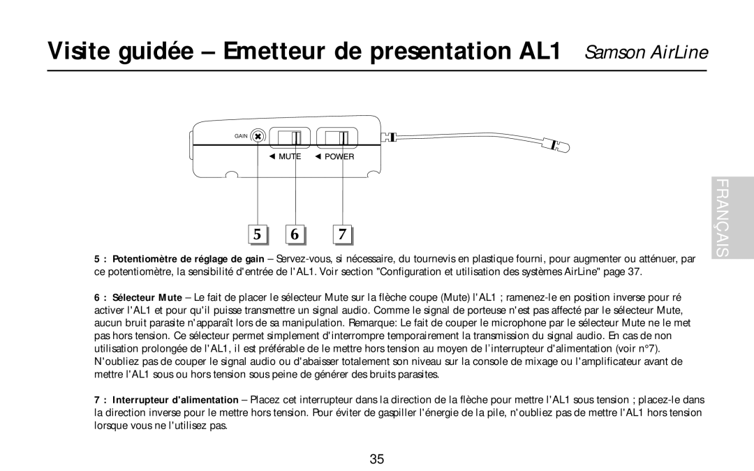 Samson AR1, UR1, UM1, AX1 owner manual Visite guidée Emetteur de presentation AL1 Samson AirLine 