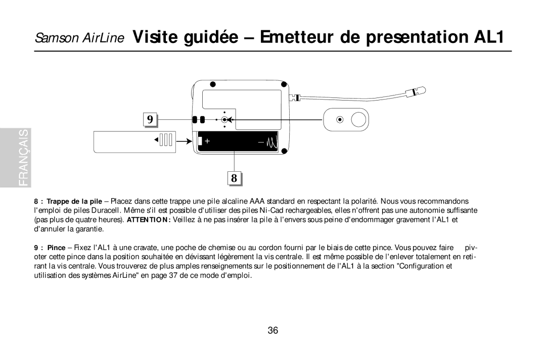 Samson UR1, UM1, AR1, AX1 owner manual Samson AirLine Visite guidée Emetteur de presentation AL1 