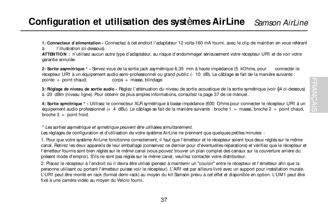 Samson AX1, UR1, UM1, AR1, AL1 owner manual Pointe = point chaud 