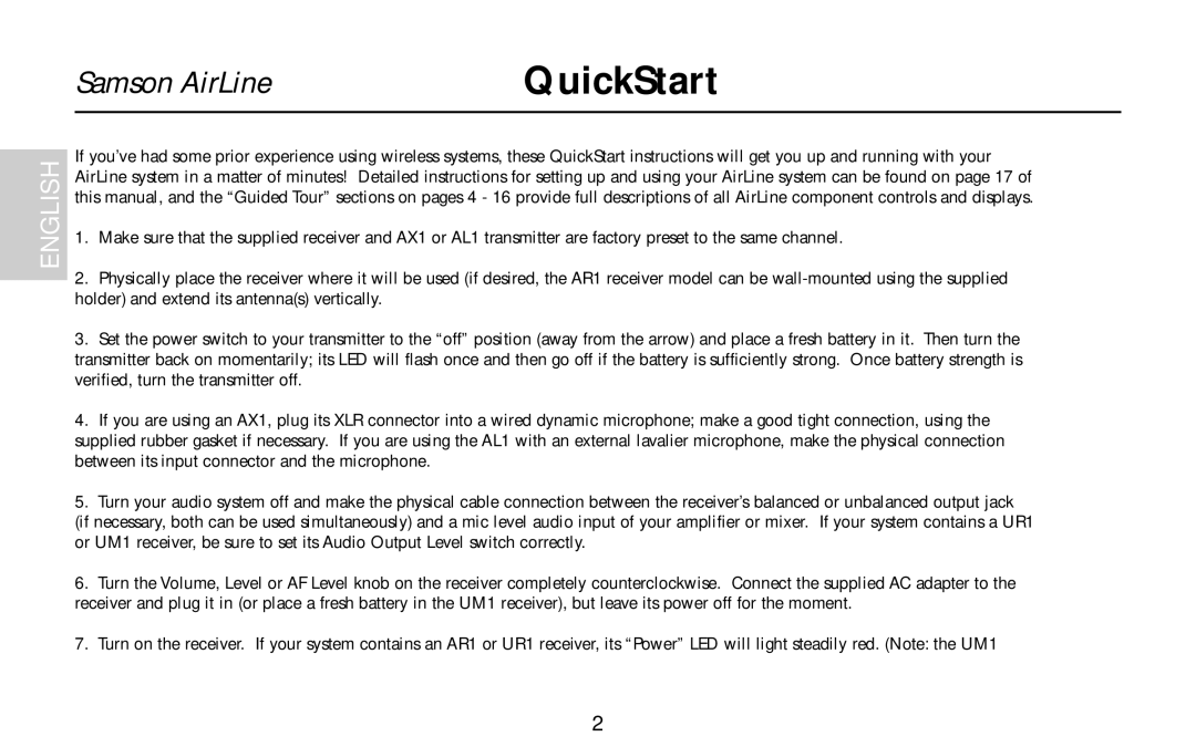 Samson AX1, UR1, UM1, AR1, AL1 owner manual QuickStart 