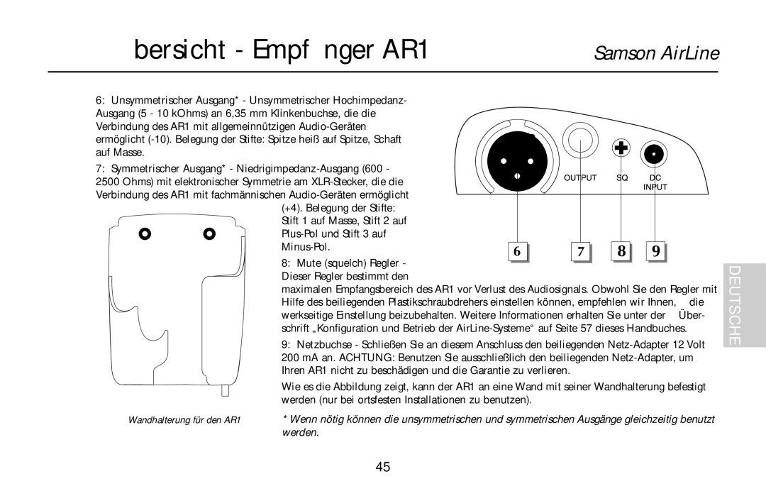 Samson UR1, UM1, AL1, AX1 owner manual Übersicht Empfänger AR1, Mute squelch Regler Dieser Regler bestimmt den 