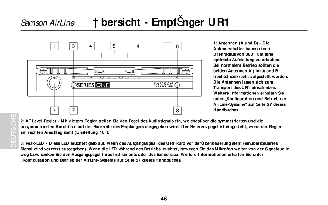 Samson AL1, UM1, AR1, AX1 owner manual Samson AirLine Übersicht Empfänger UR1, Deutsche 