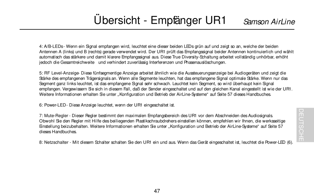 Samson AX1, UM1, AR1, AL1 owner manual Übersicht Empfänger UR1 Samson AirLine 