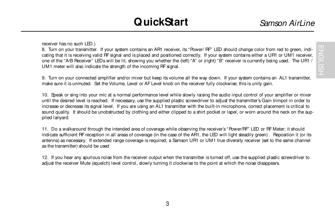 Samson UR1, UM1, AR1, AL1, AX1 owner manual QuickStart 