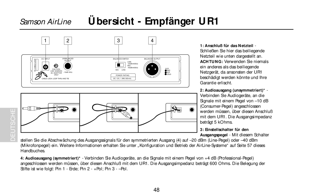 Samson UR1, UM1, AR1, AL1, AX1 owner manual Anschluß für das Netzteil 