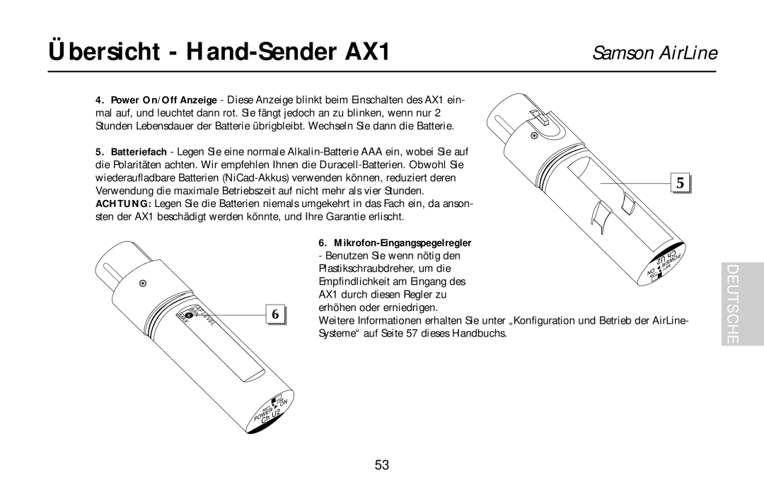 Samson UR1, UM1, AR1, AL1 owner manual Übersicht Hand-Sender AX1, Samson AirLine 