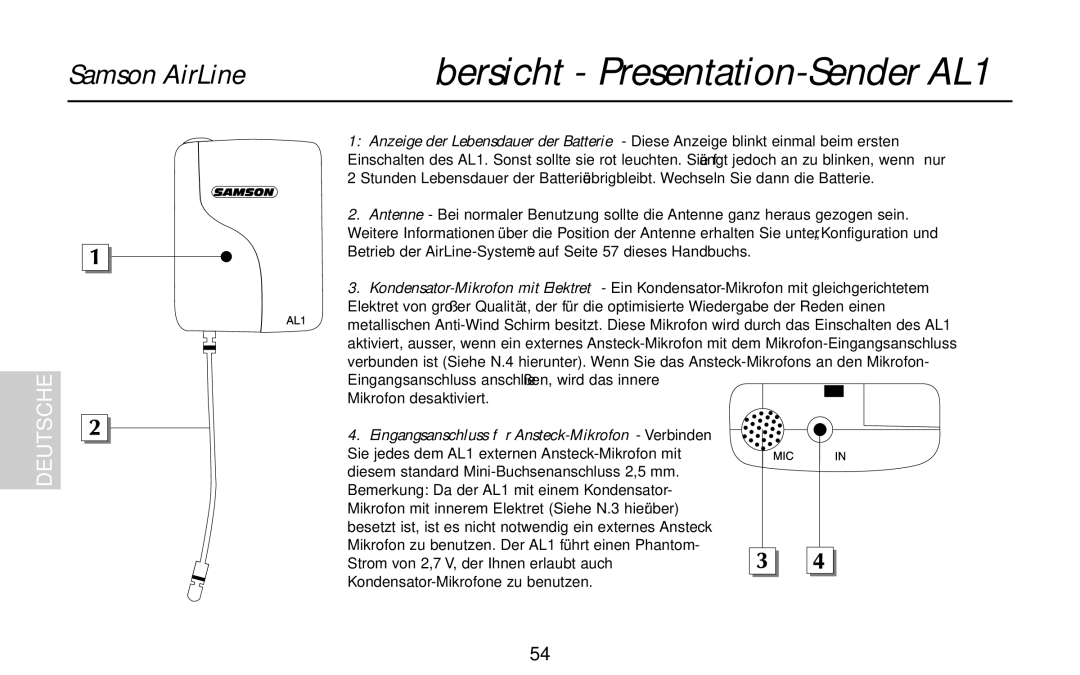 Samson UM1, UR1, AR1, AX1 owner manual Übersicht Presentation-Sender AL1, Mikrofon desaktiviert 