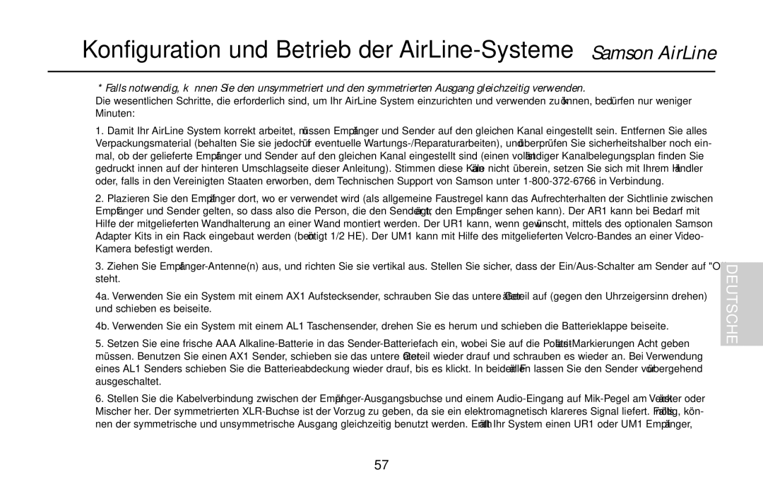 Samson AX1, UR1, UM1, AR1, AL1 owner manual Konfiguration und Betrieb der AirLine-Systeme Samson AirLine 