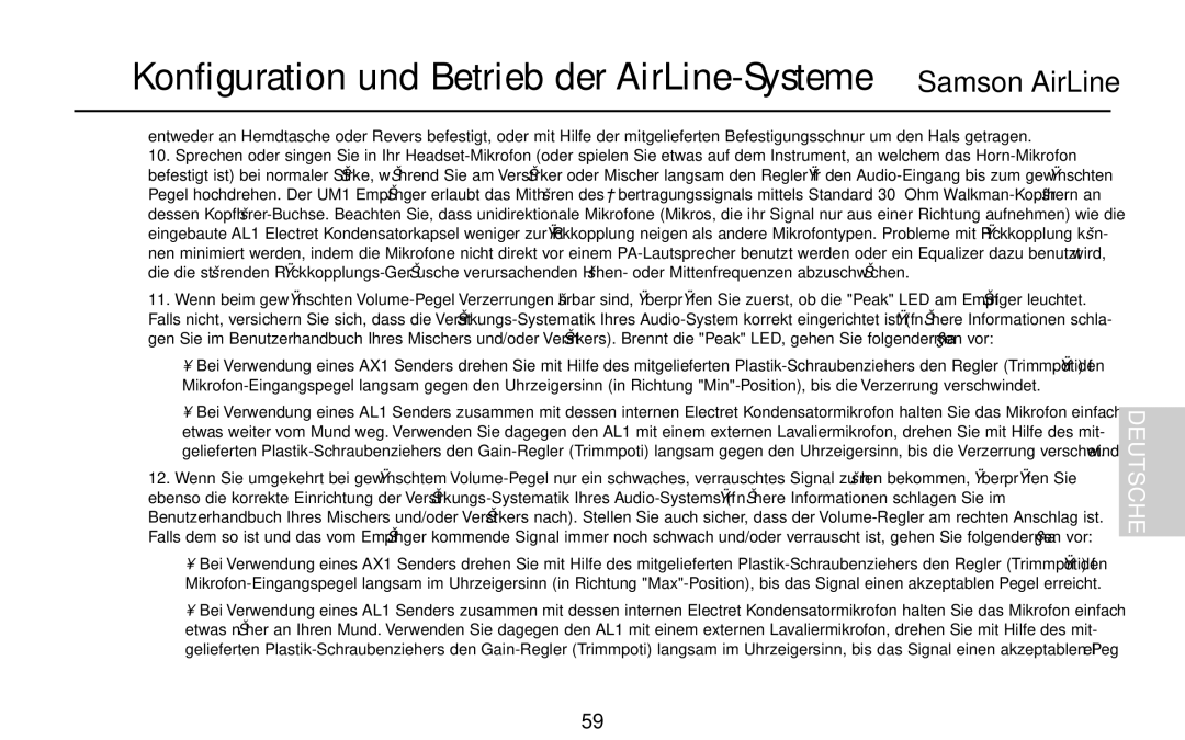 Samson UM1, UR1, AR1, AL1, AX1 owner manual Konfiguration und Betrieb der AirLine-Systeme Samson AirLine 