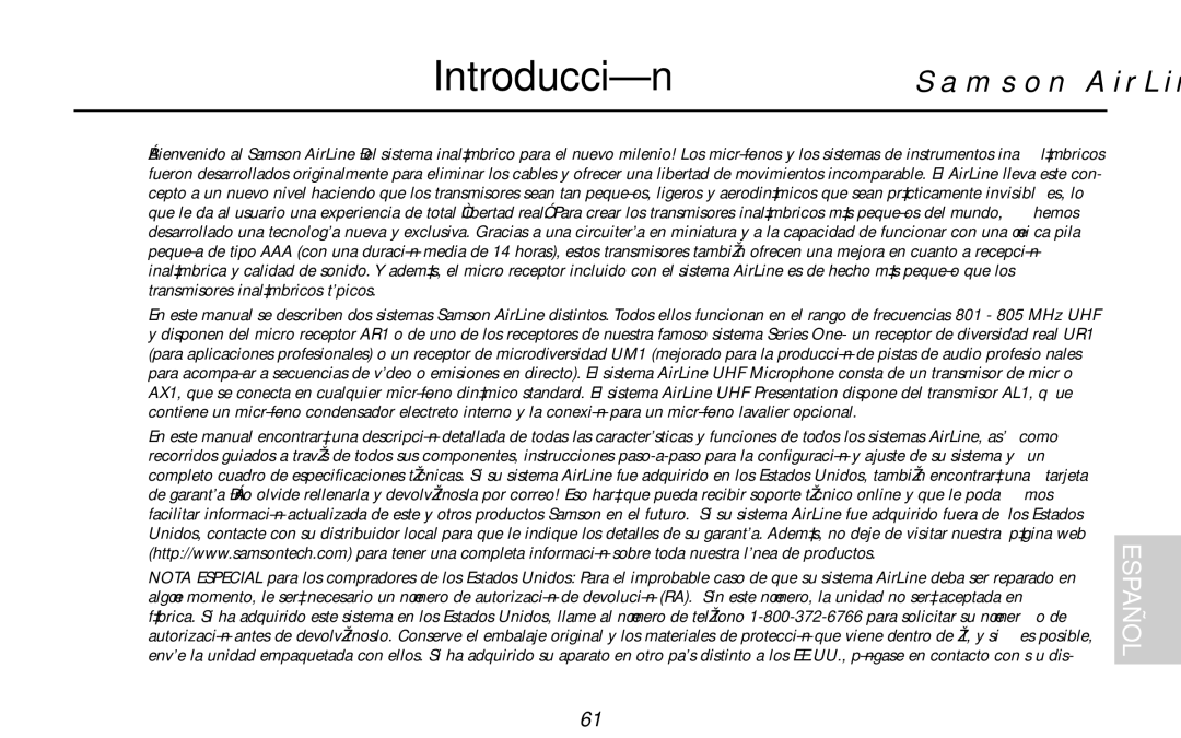 Samson AL1, UR1, UM1, AR1, AX1 owner manual Introducción 