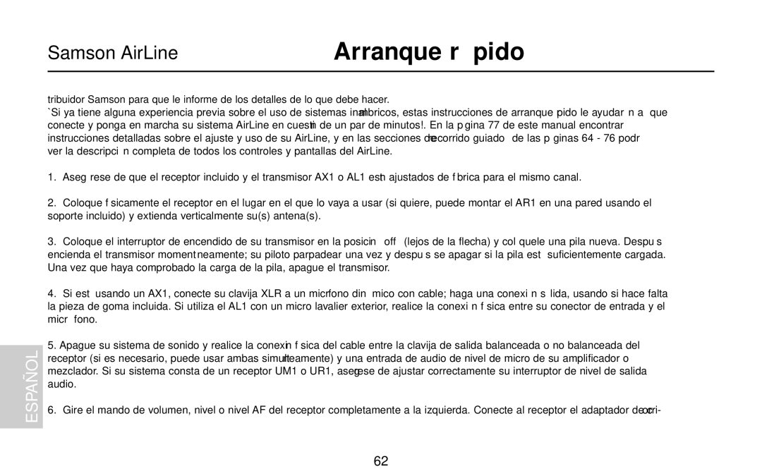 Samson AX1, UR1, UM1, AR1, AL1 owner manual Arranque rápido, Españ OL 