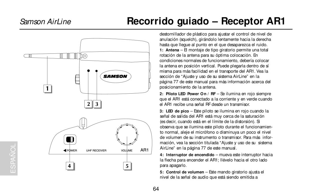 Samson UM1, UR1, AL1, AX1 owner manual Recorrido guiado Receptor AR1, El AR1 recibe una señal RF desde un transmisor 