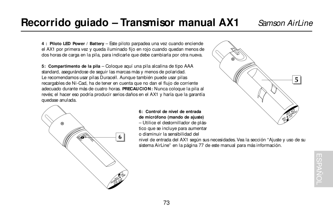 Samson UR1, UM1, AR1, AL1 owner manual Recorrido guiado Transmisor manual AX1 Samson AirLine 