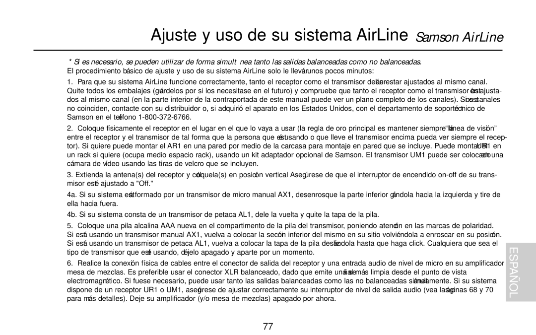 Samson AX1, UR1, UM1, AR1, AL1 owner manual Ajuste y uso de su sistema AirLine Samson AirLine 