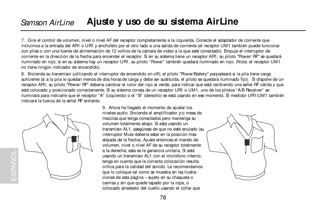 Samson UR1, UM1, AR1, AL1, AX1 owner manual Samson AirLine Ajuste y uso de su sistema AirLine 