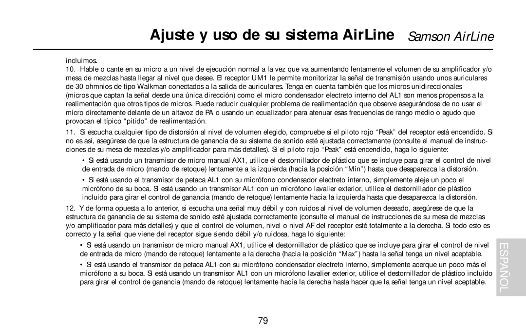 Samson UM1, UR1, AR1, AL1, AX1 owner manual Ajuste y uso de su sistema AirLine Samson AirLine 