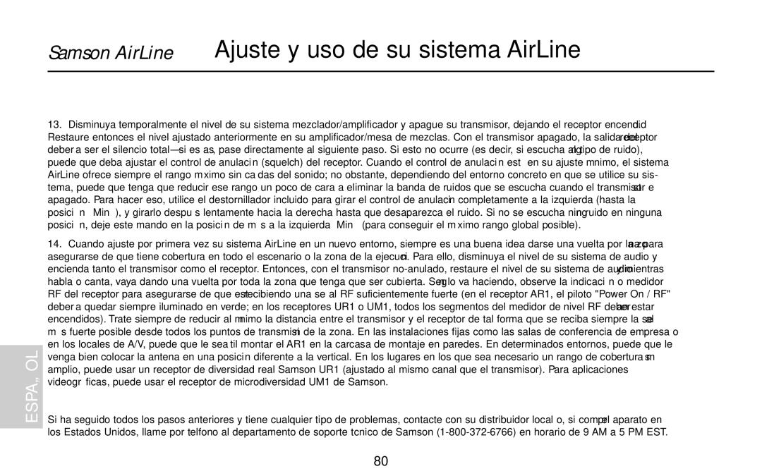 Samson AR1, UR1, UM1, AL1, AX1 owner manual Samson AirLine Ajuste y uso de su sistema AirLine 