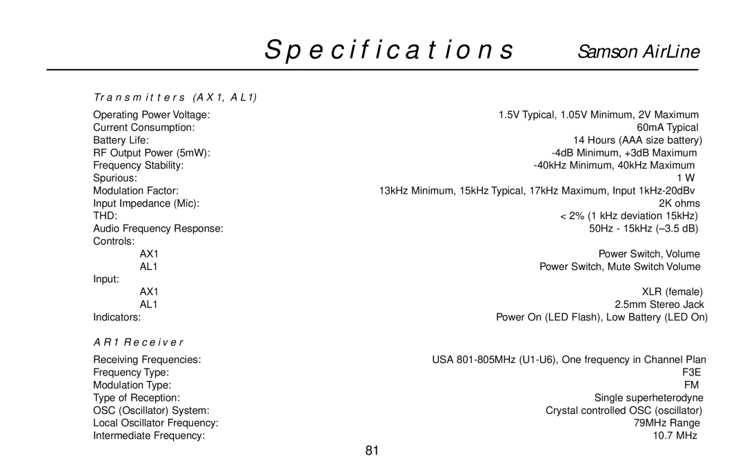 Samson AL1, UR1, UM1, AR1, AX1 owner manual Specifications 