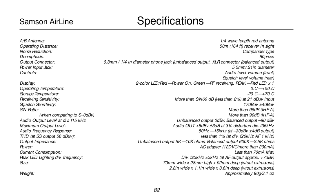 Samson AX1, UR1, UM1, AR1, AL1 owner manual Specifications 