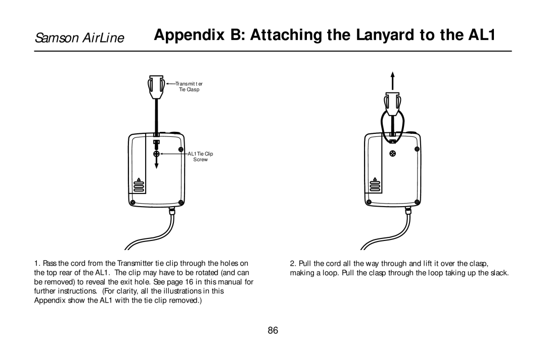 Samson UR1, UM1, AR1, AX1 owner manual Appendix B Attaching the Lanyard to the AL1 