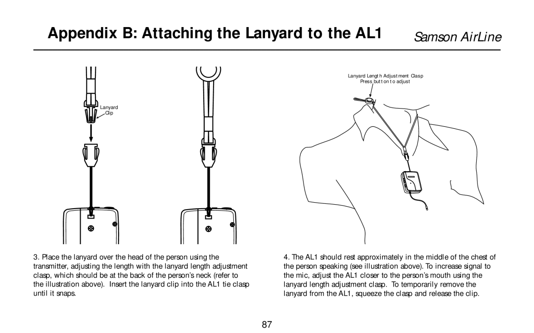 Samson AX1, UR1, UM1, AR1 owner manual Appendix B Attaching the Lanyard to the AL1 Samson AirLine 