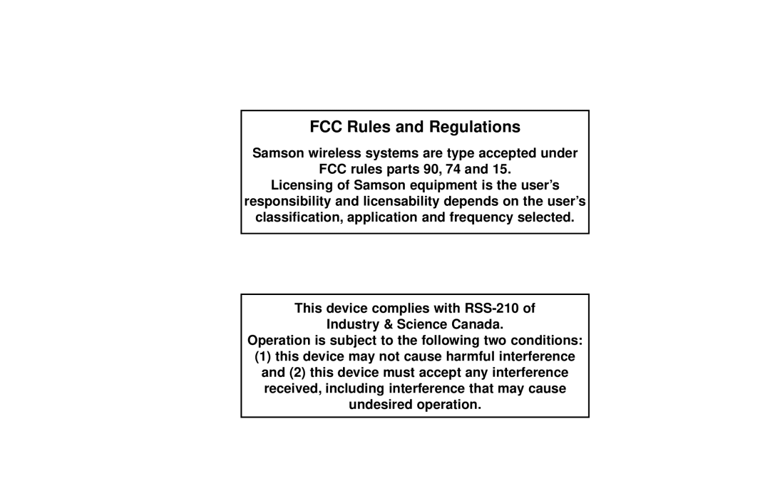 Samson UR1, UM1, AR1, AL1, AX1 owner manual FCC Rules and Regulations 