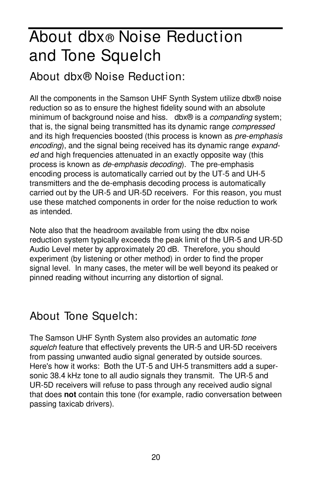 Samson UT-5, UR-5D, UH-5, DA-5L manual About dbx Noise Reduction and Tone Squelch, About Tone Squelch 