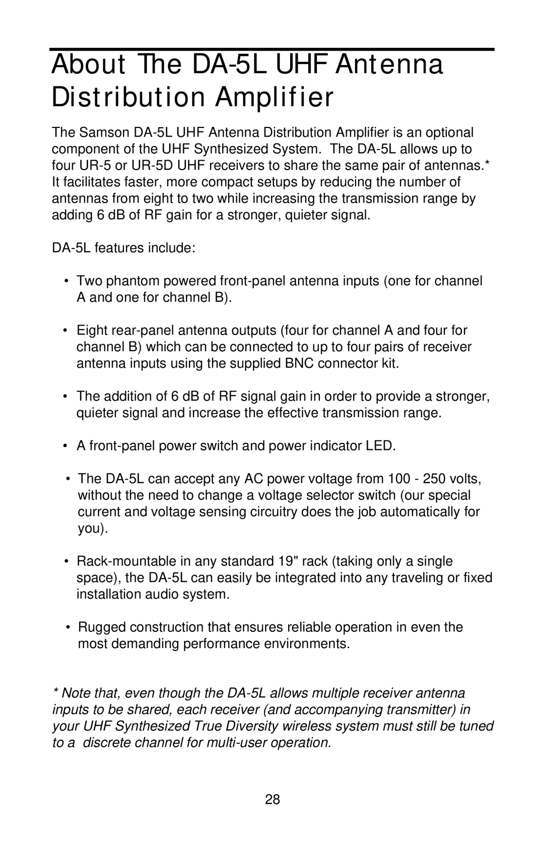 Samson UT-5, UR-5D, UH-5 manual About The DA-5LUHF Antenna Distribution Amplifier 