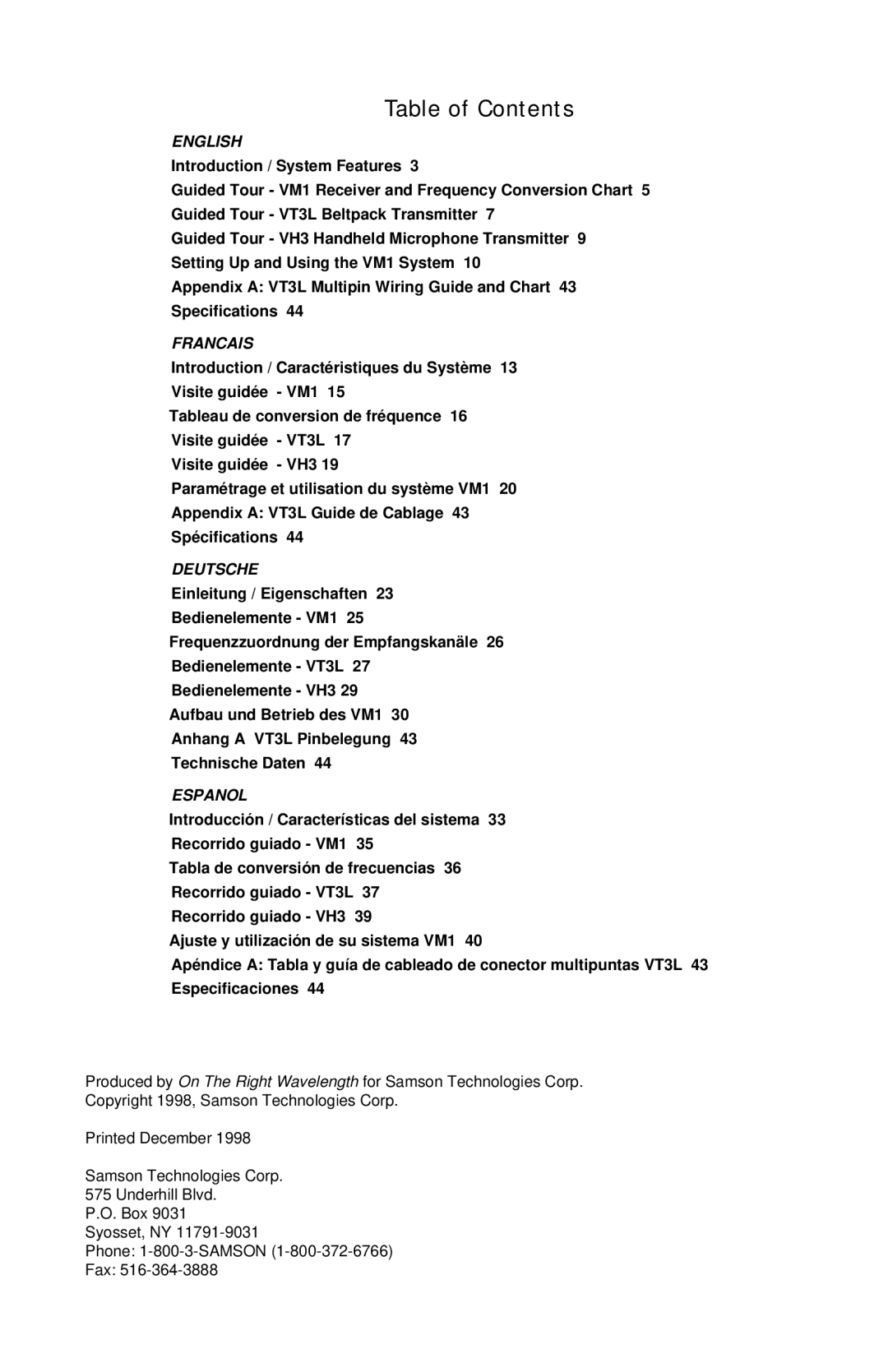 Samson VHF Micro TRUE DIVERSITY WIRELESS owner manual Table of Contents 