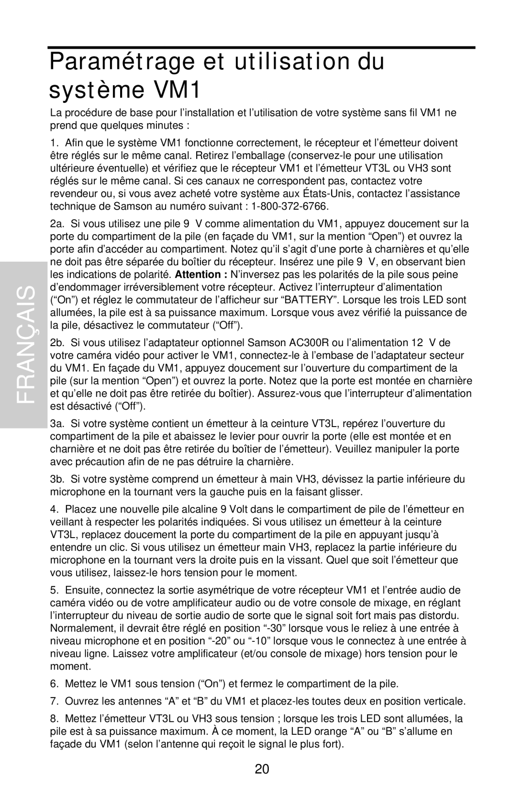 Samson VHF Micro TRUE DIVERSITY WIRELESS owner manual Paramétrage et utilisation du système VM1 