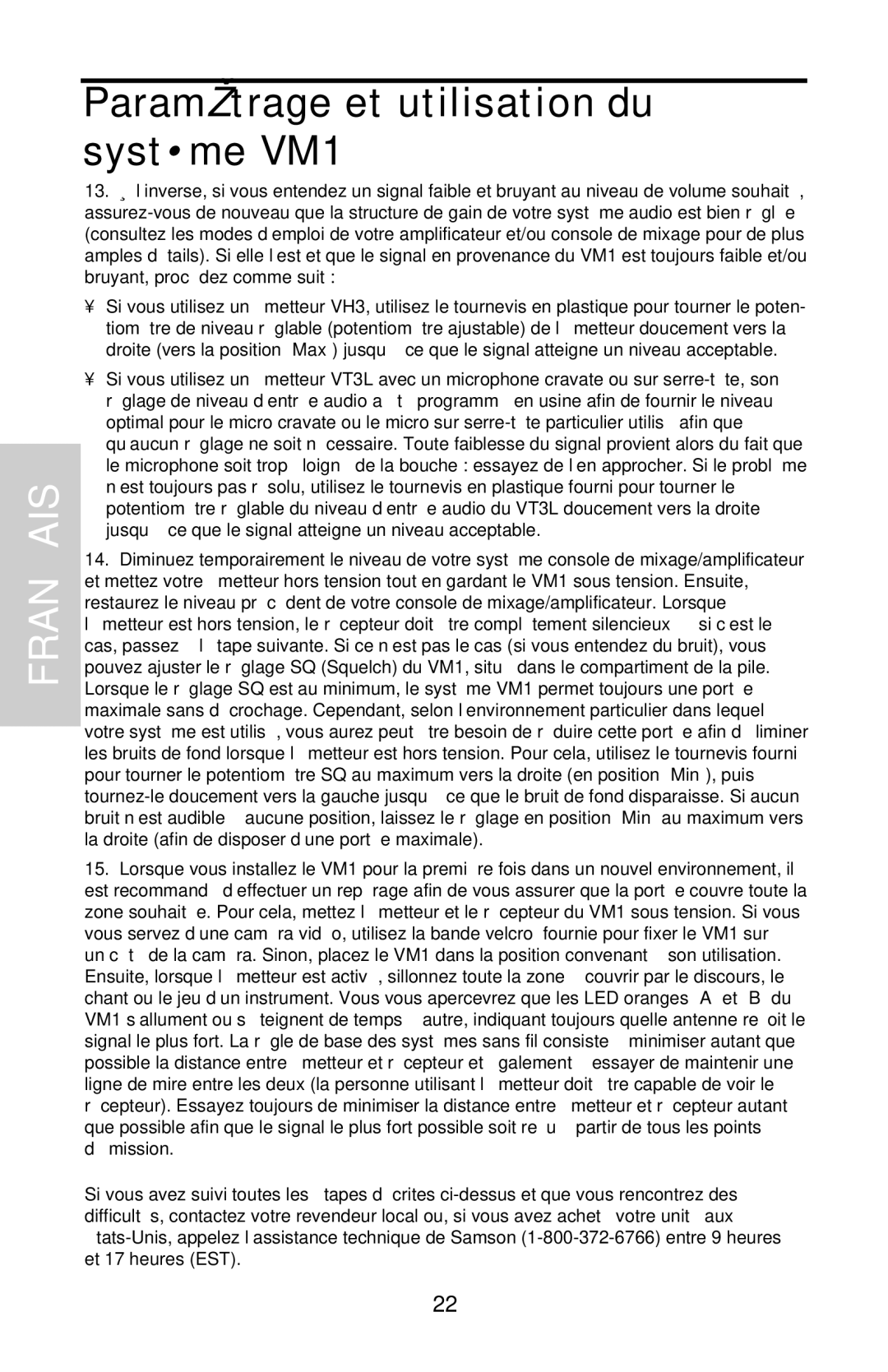 Samson VHF Micro TRUE DIVERSITY WIRELESS owner manual Paramétrage et utilisation du système VM1 