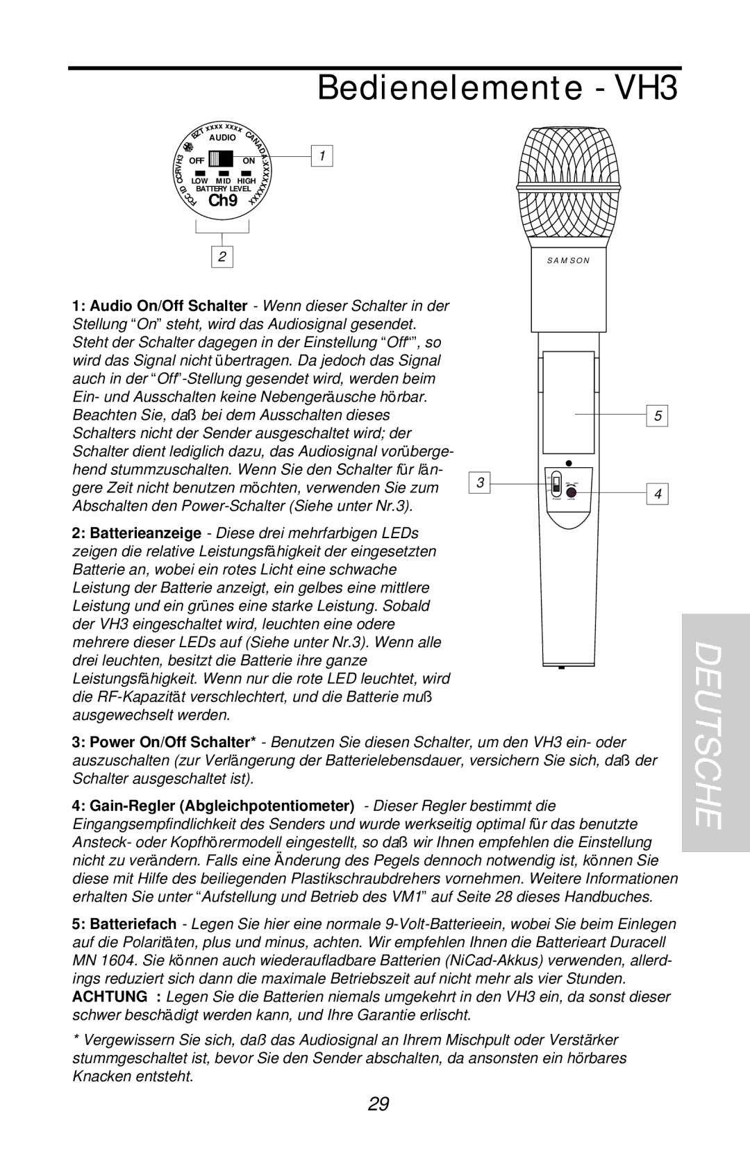 Samson VHF Micro TRUE DIVERSITY WIRELESS owner manual Bedienelemente VH3, Batterieanzeige Diese drei mehrfarbigen LEDs 