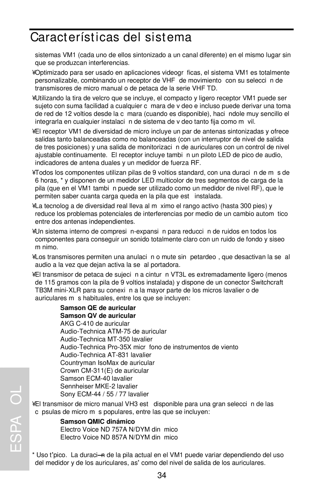 Samson VHF Micro TRUE DIVERSITY WIRELESS owner manual Samson QE de auricular Samson QV de auricular, Samson Qmic dinámico 