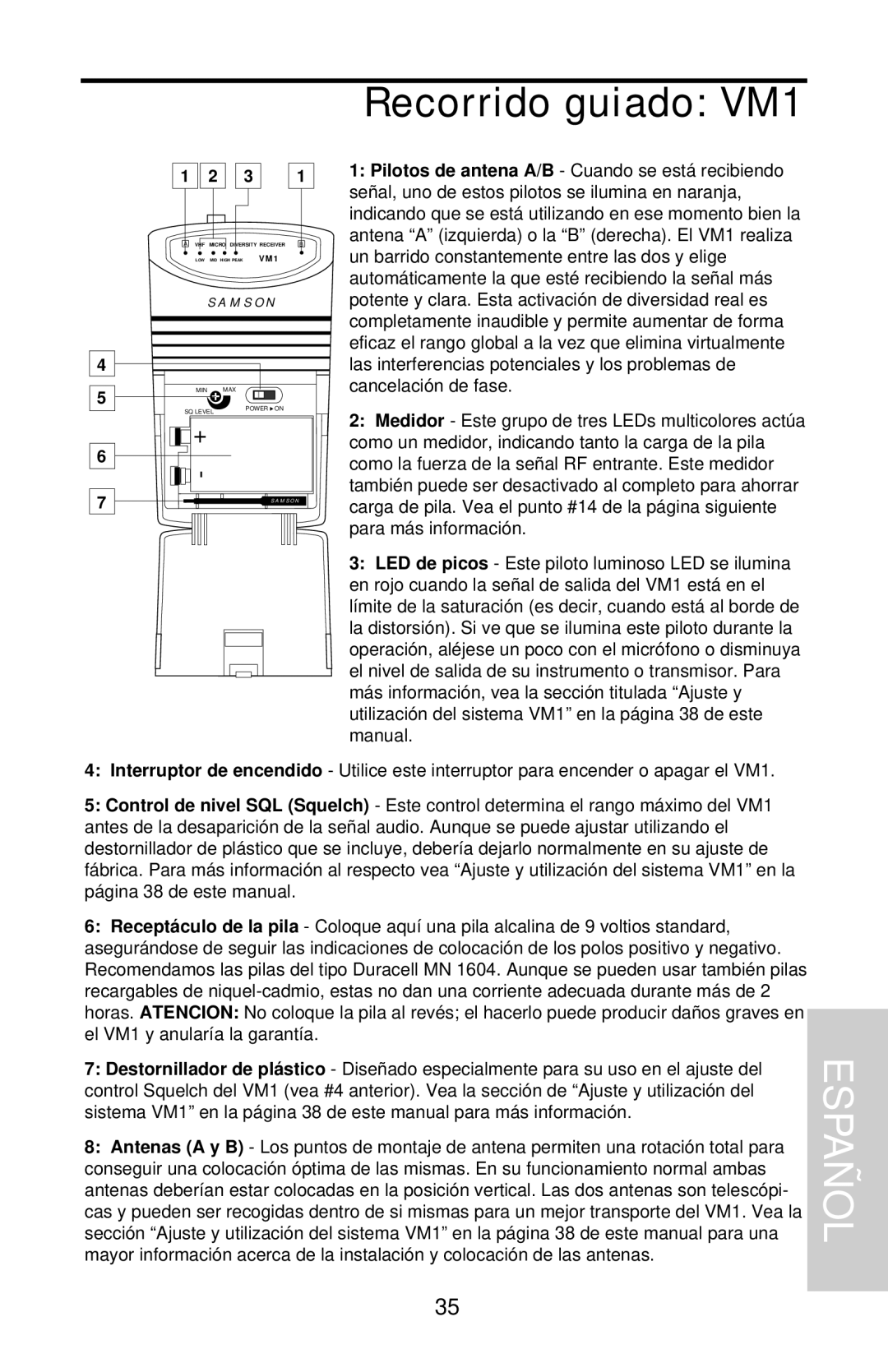 Samson VHF Micro TRUE DIVERSITY WIRELESS owner manual Recorrido guiado VM1 