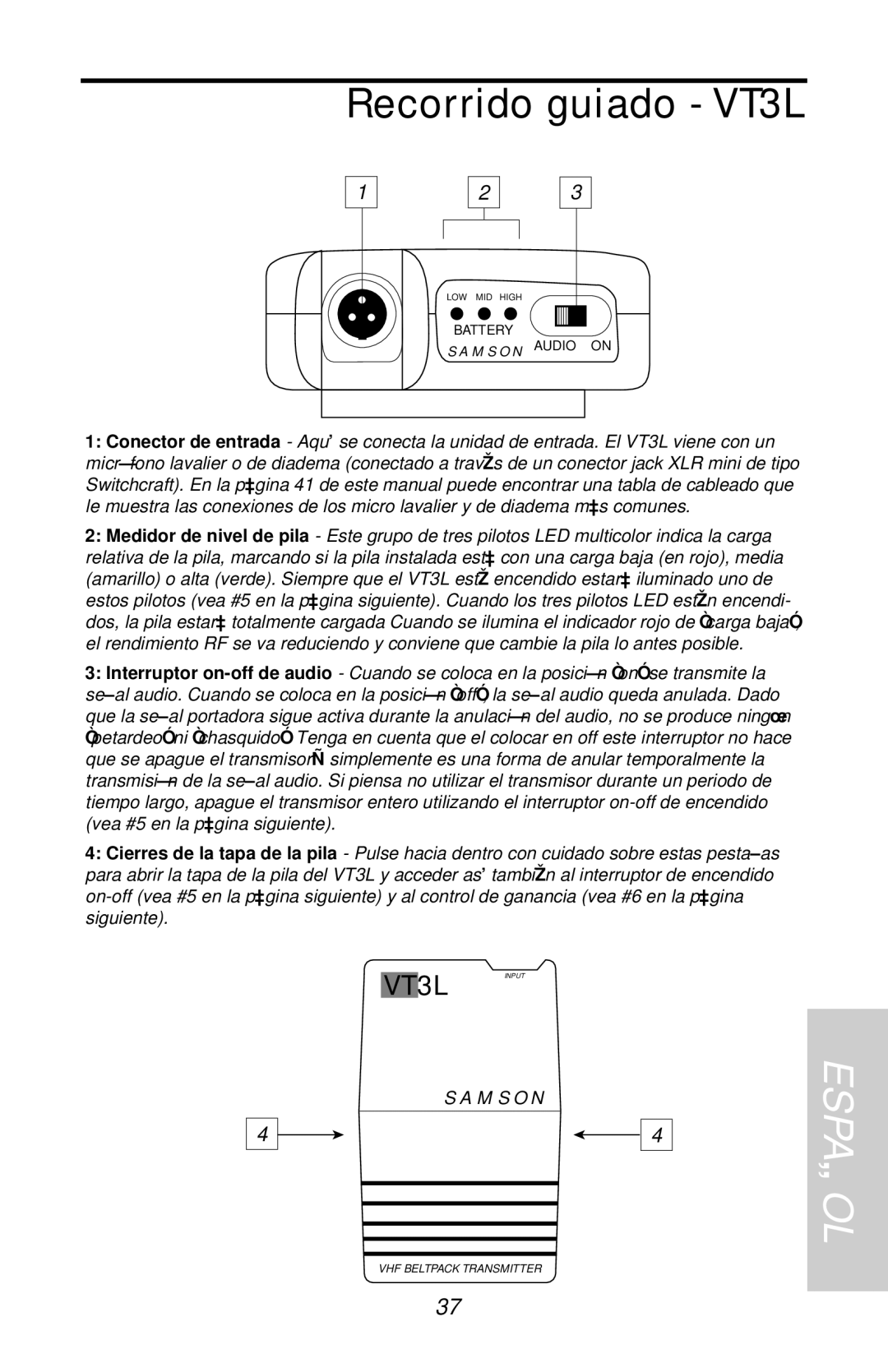 Samson VHF Micro TRUE DIVERSITY WIRELESS owner manual Recorrido guiado VT3L 