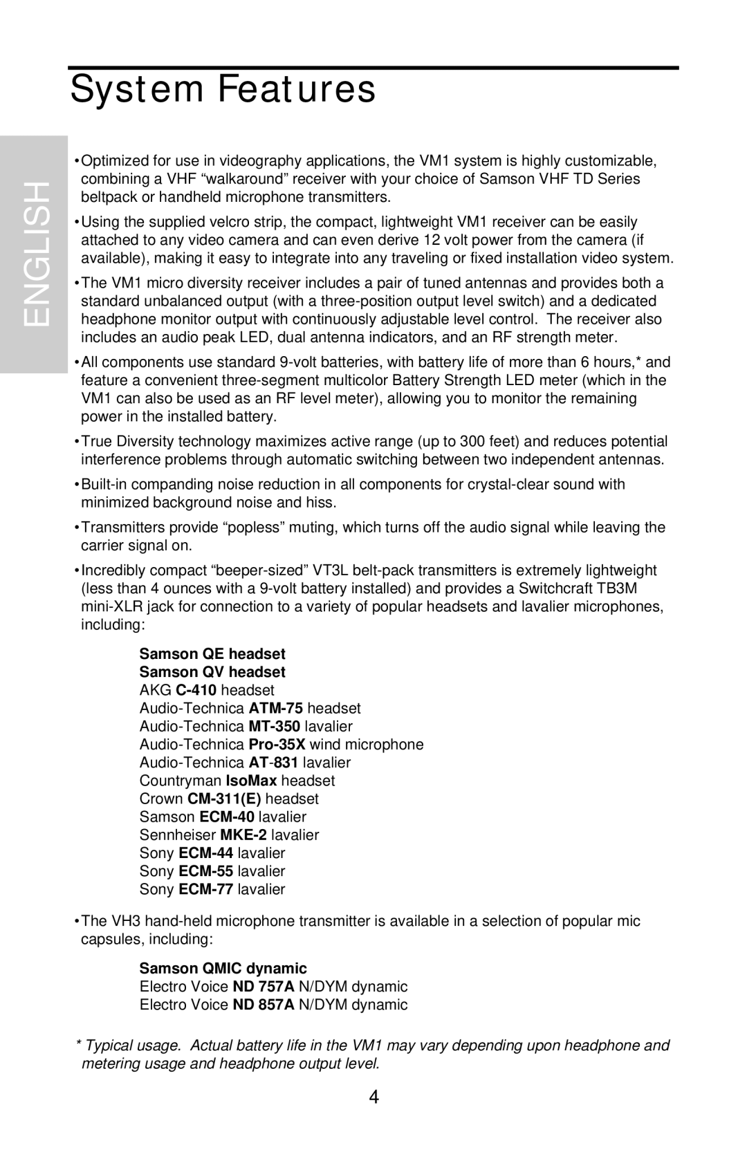 Samson VHF Micro TRUE DIVERSITY WIRELESS System Features, Samson QE headset Samson QV headset, Samson Qmic dynamic 