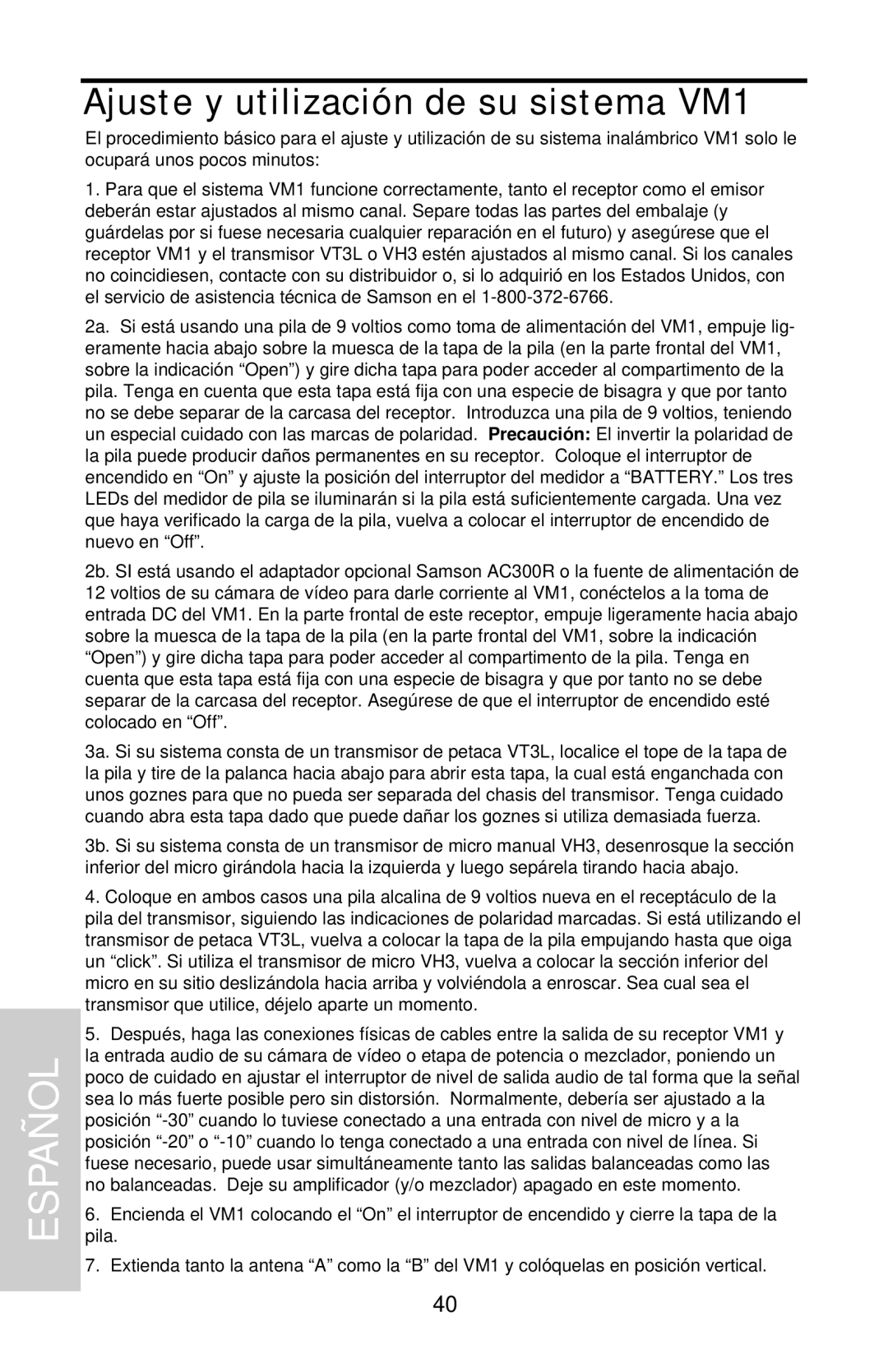 Samson VHF Micro TRUE DIVERSITY WIRELESS owner manual Ajuste y utilización de su sistema VM1 