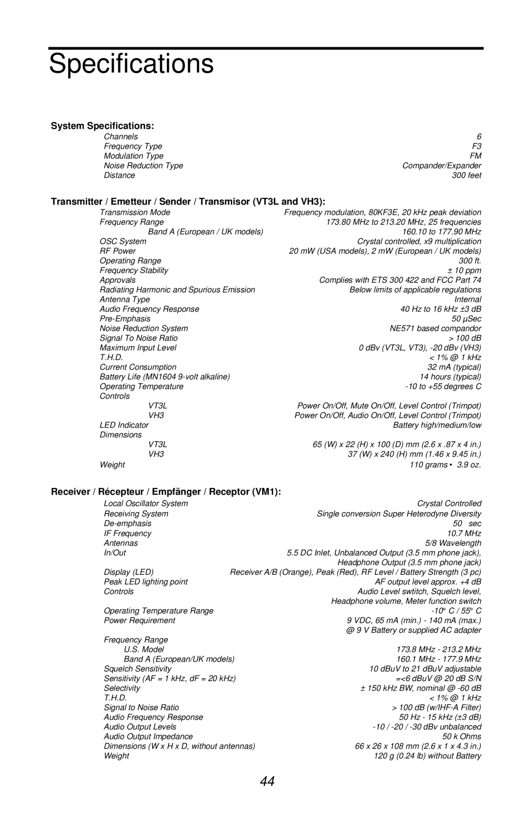 Samson VHF Micro TRUE DIVERSITY WIRELESS owner manual System Specifications 